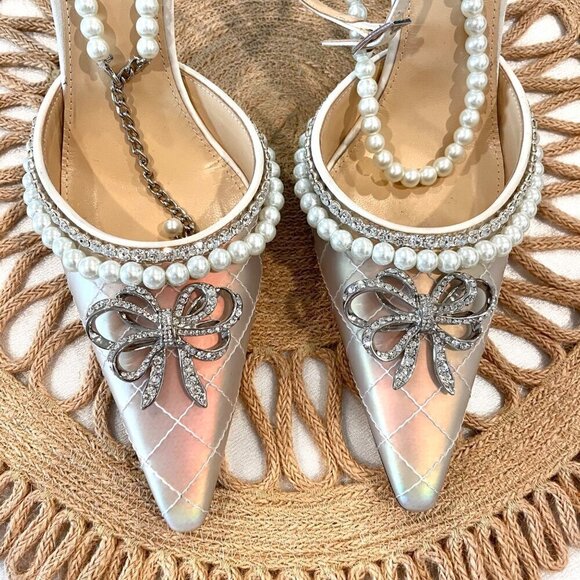 Mach & Mach Bow of Elizabeth Iridescent Faux Pearl Sandals Size 38 - Picture 6 of 13
